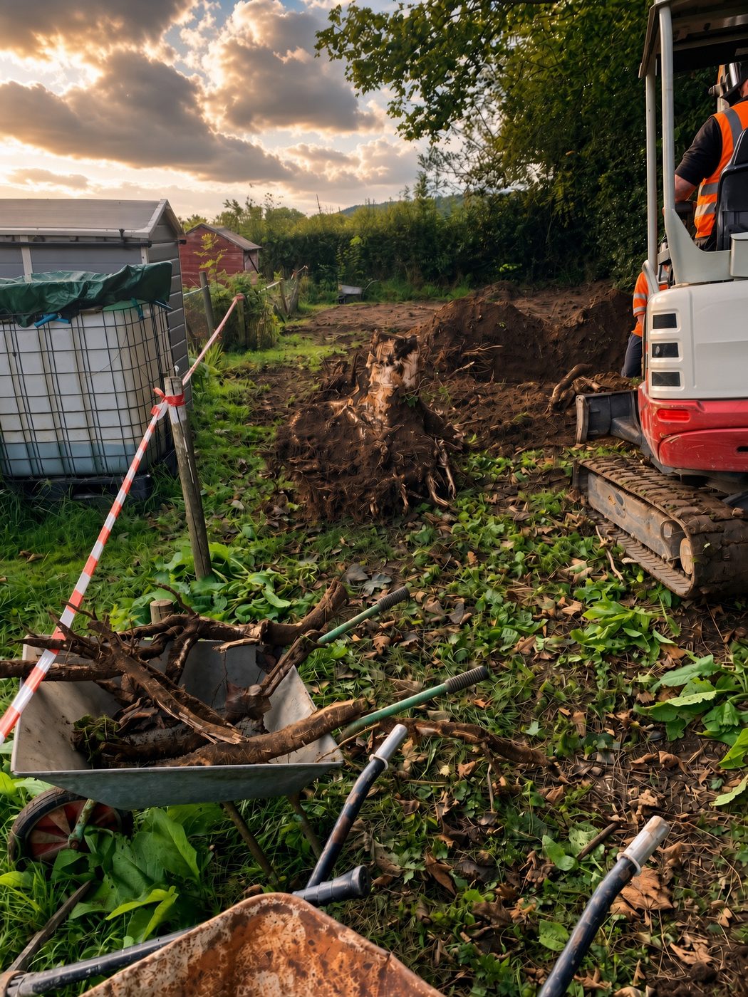 SAUK mini excavator lifting tree roots at the allotments, wheelbarrow loaded with stumps
