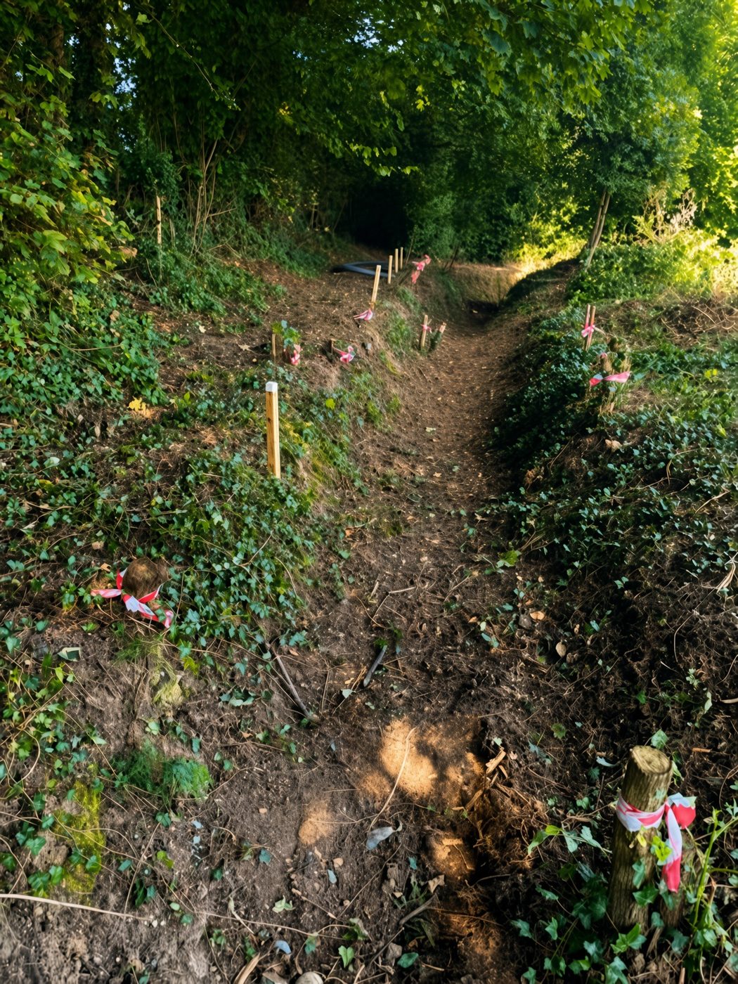 The route of the historic footpath staked out with marker posts through the ivy at Wingerworth