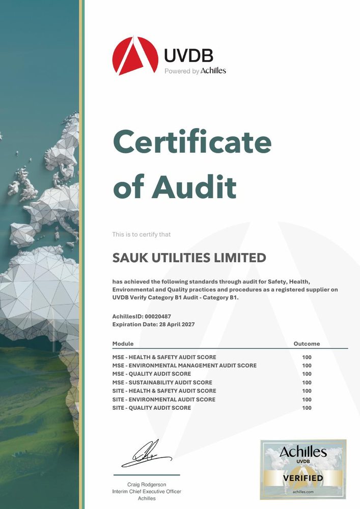 SAUK Utilities Achilles UVDB Verify certificate of audit showing 100 in all seven modules