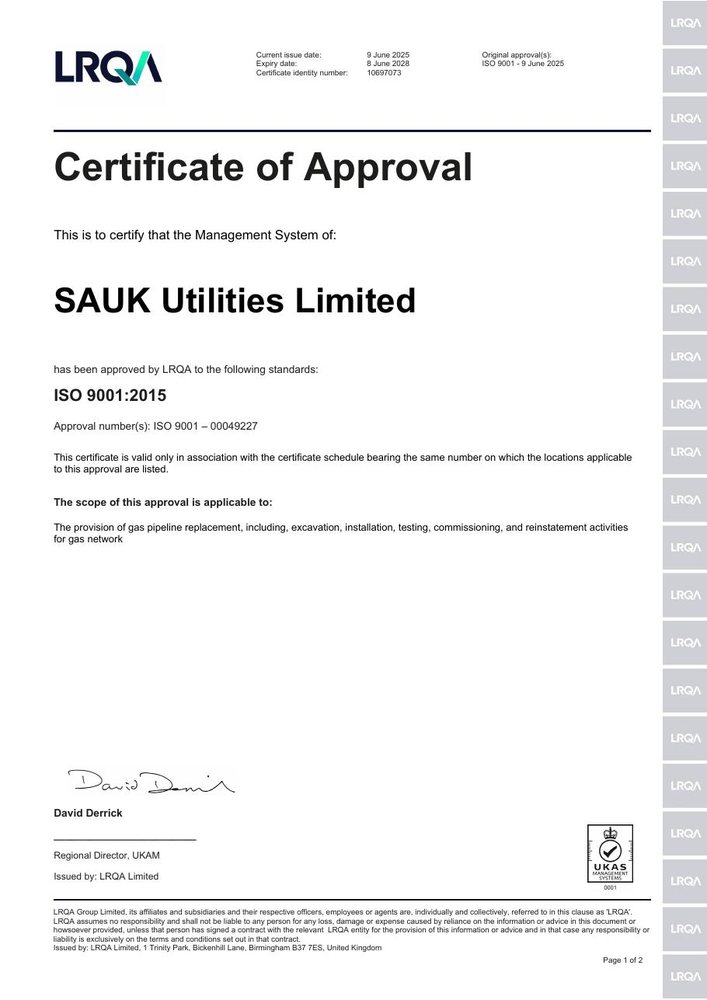 SAUK Utilities ISO 9001:2015 certificate of approval issued by LRQA