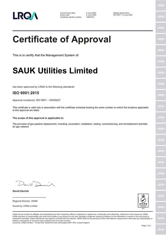 SAUK Utilities ISO 9001:2015 certificate of approval issued by LRQA