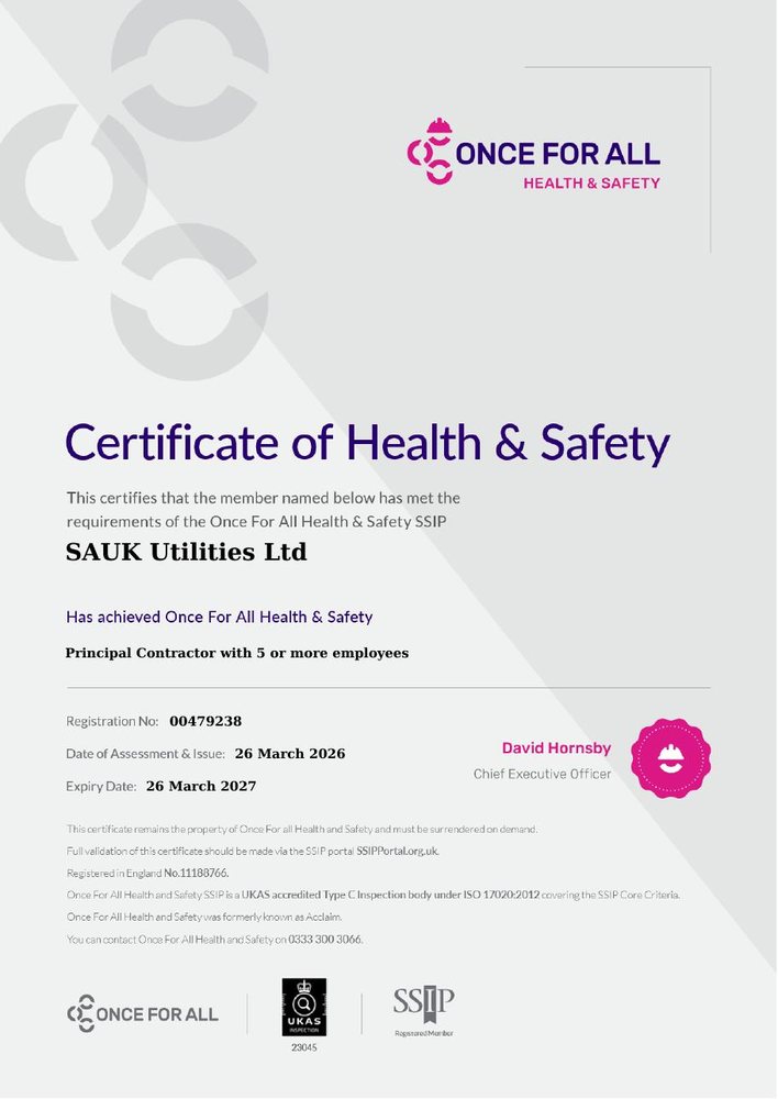 SAUK Utilities SSIP health and safety certificate, Principal Contractor with five or more employees
