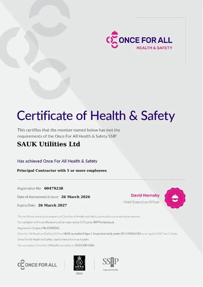 SAUK Utilities SSIP health and safety certificate, Principal Contractor with five or more employees