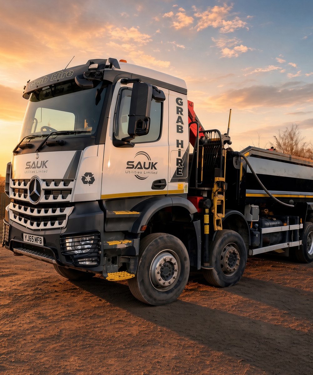 SAUK Mercedes Arocs grab lorry with GRAB HIRE livery, loaded and ready to leave site at sunset