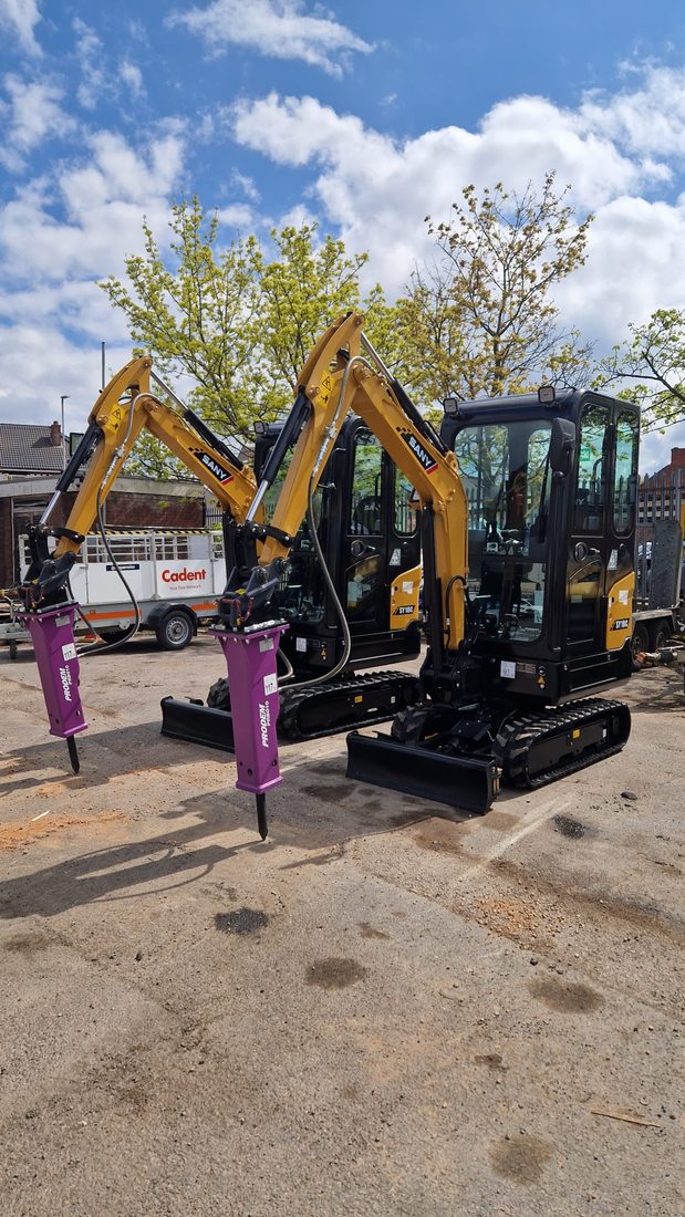 Two new SANY SY18C mini excavators with Prodem breakers, delivered to the yard
