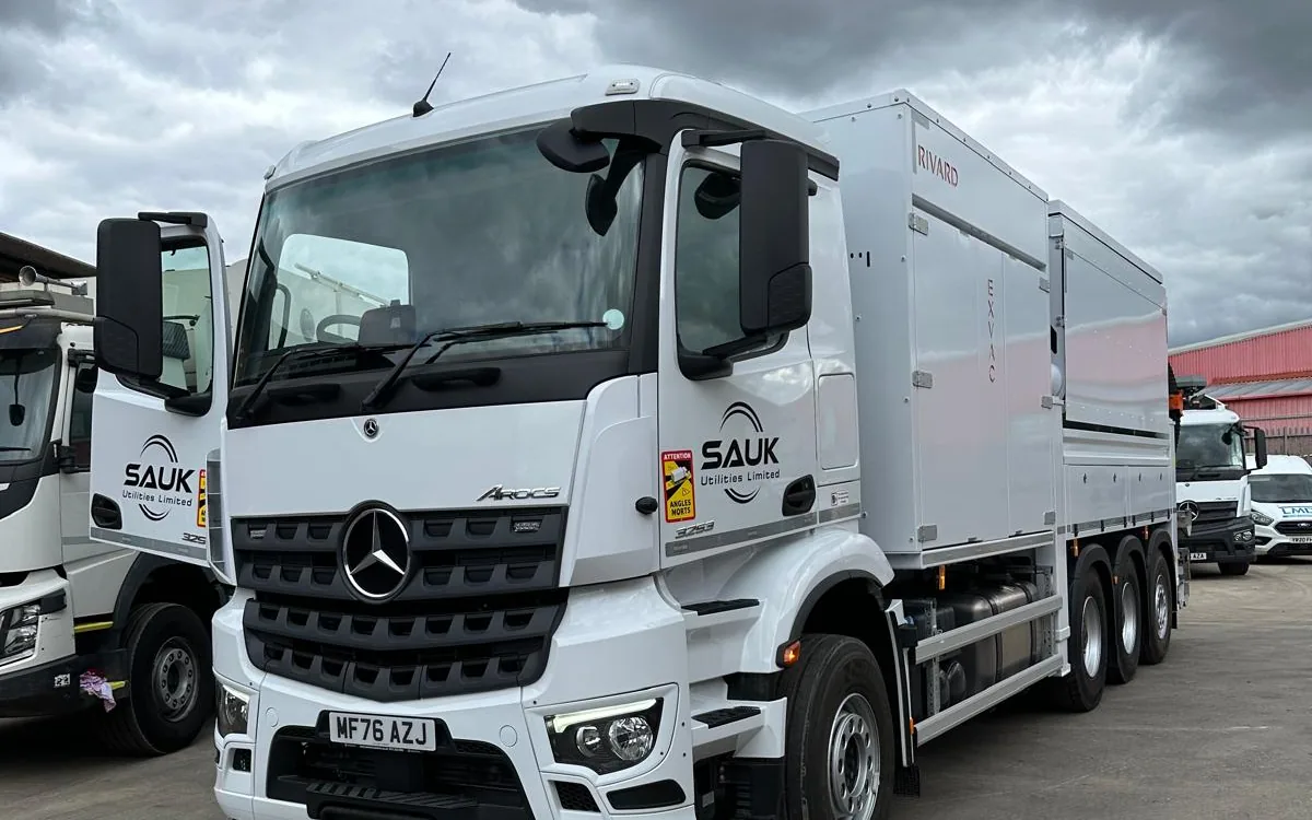 SAUK's new Rivard suction excavator on a Mercedes Arocs chassis, in the yard