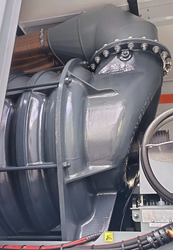 The centrifugal turbine housing inside the Rivard